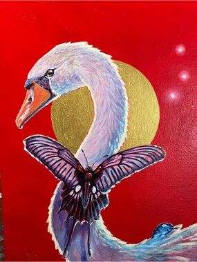Swan original bird painting surreal art butterfly beetle Artettina